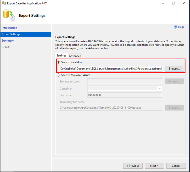 select BACPAC location